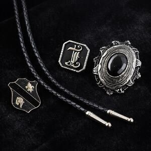 Vintage Bolo Tie Black Stone Slide Western Ornate Silver Tone Tips